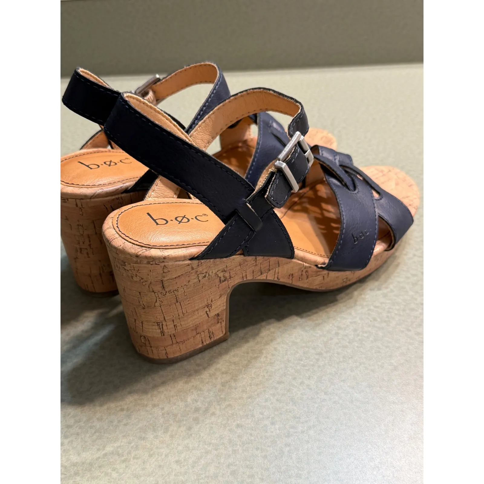 boc Born Shoes Navy Blue Leather Cork Chunky Heel Sandals Women Size 8M - Image 4