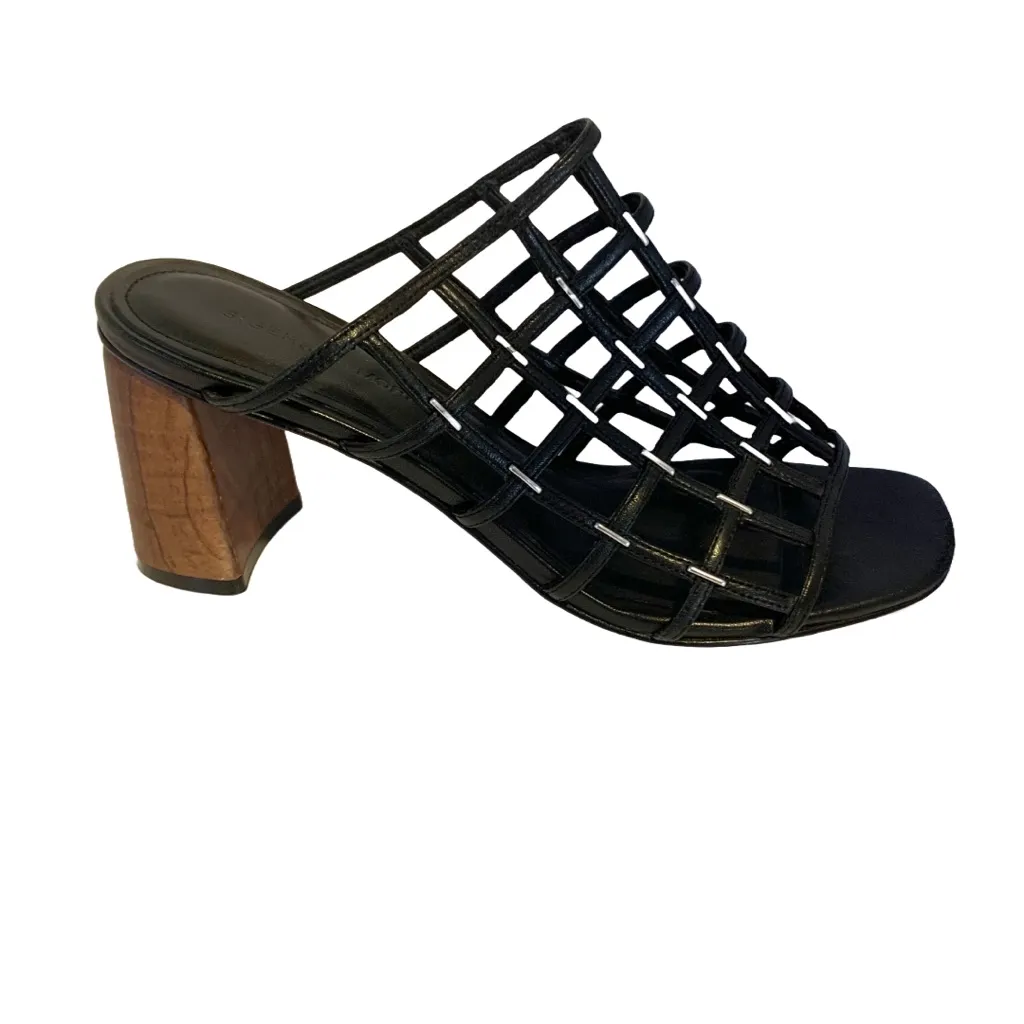 SIGERSON MORRISON BLACK LEATHER "DAINA" CAGED SLIDE BLOCK HEEL SHOES (36.5) Size 6.5 - Image 6