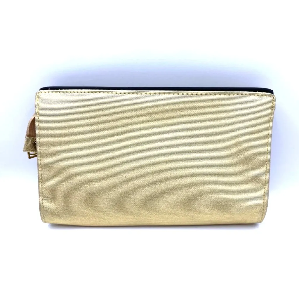 Gold Fabric Clutch With Zipper & Logo Charm Womens Evening Bag 9"x6" - Image 2