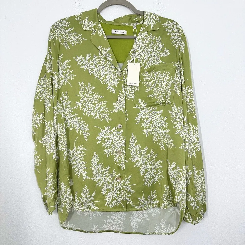Rebecca Taylor Size Medium Green Satin Fleur Fern Floral Blouse Casual‎ Career - Image 2