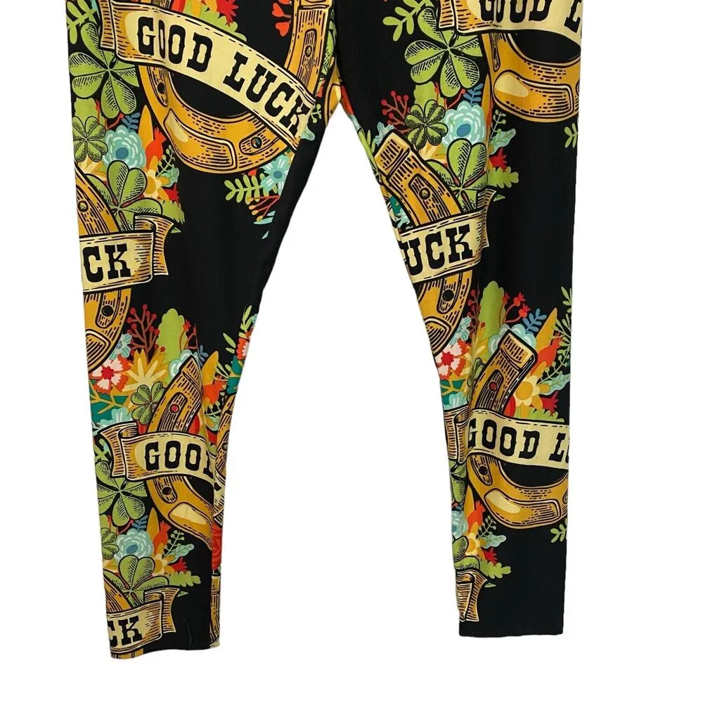 Lularoe TC2 Leggings Good Luck Horseshoes Saint Patrick Day Clover Black HTF - Image 3