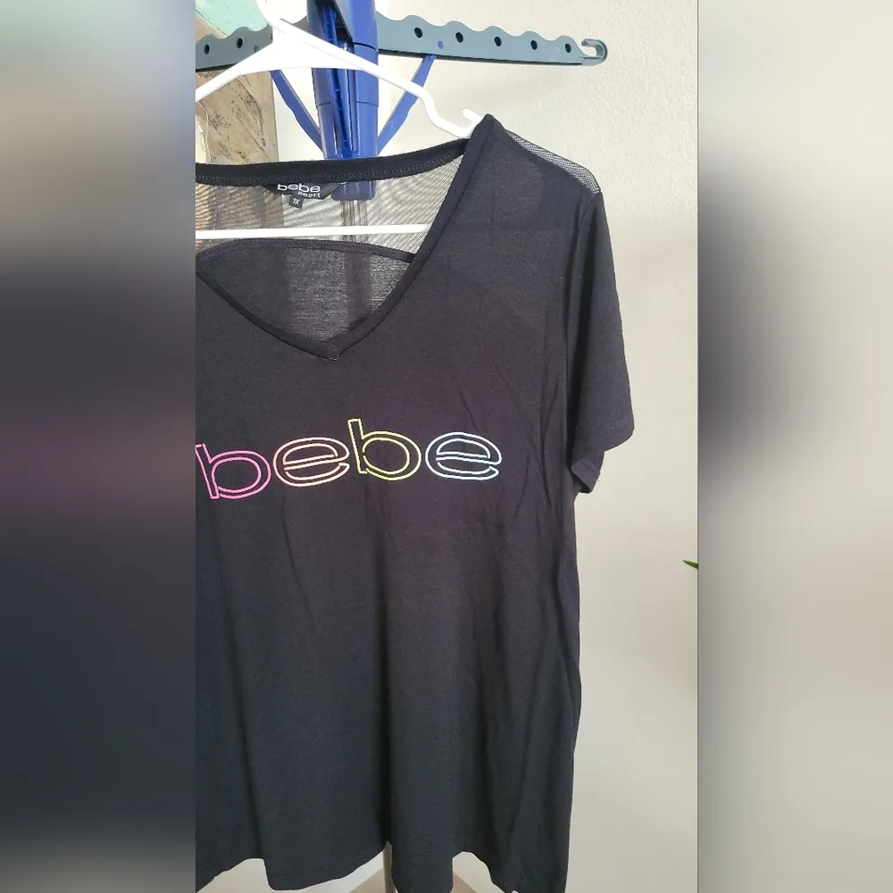 Bebe Sport  Rainbow Logo Sheer Mesh Back Big  Black Tee Shirt  Size XL - Image 5