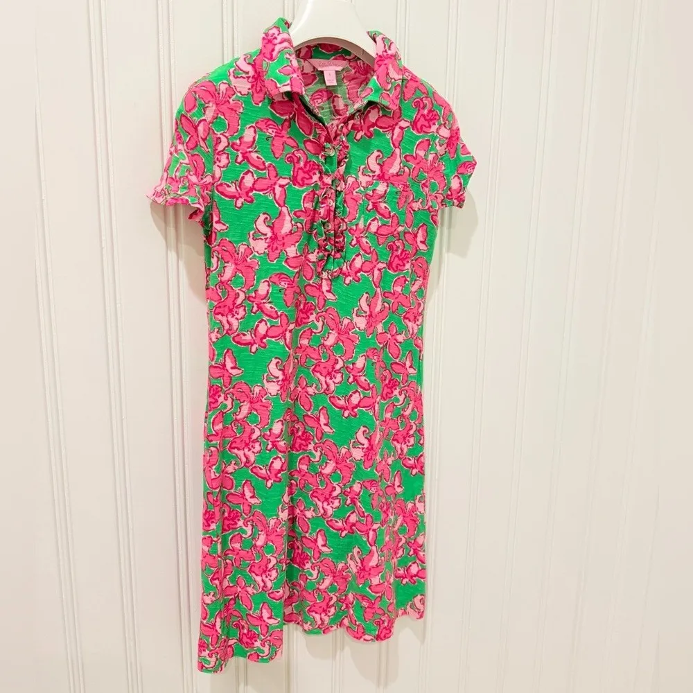 LILLY PULITZER Pink & Green Floral Print Short Sleeve Polo Tshirt Dress Size S - Image 3