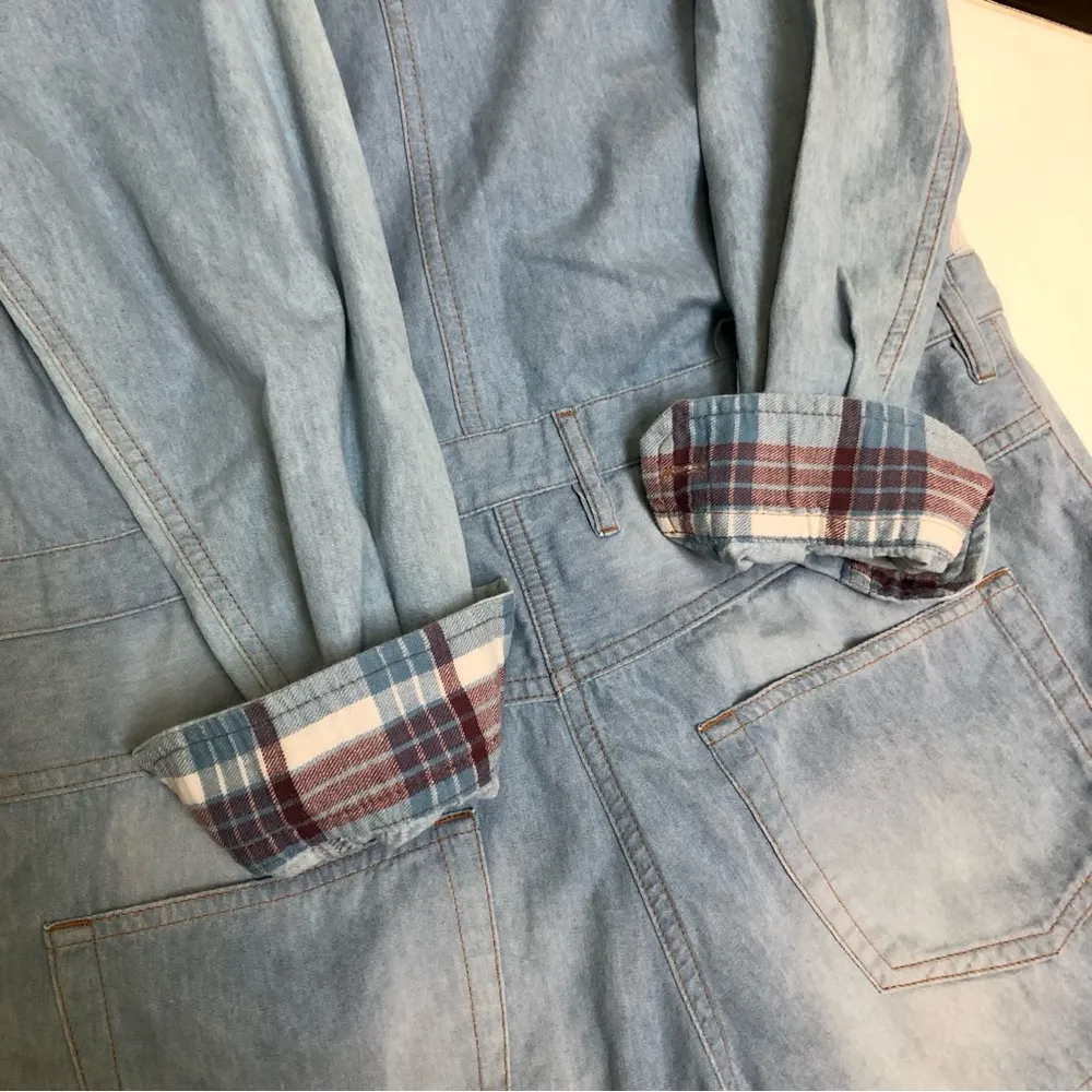 Isabel Marant Etoile Long Sleeve Romper Denim Two-Tone Plaid Patchwork Detail 6 - Image 10