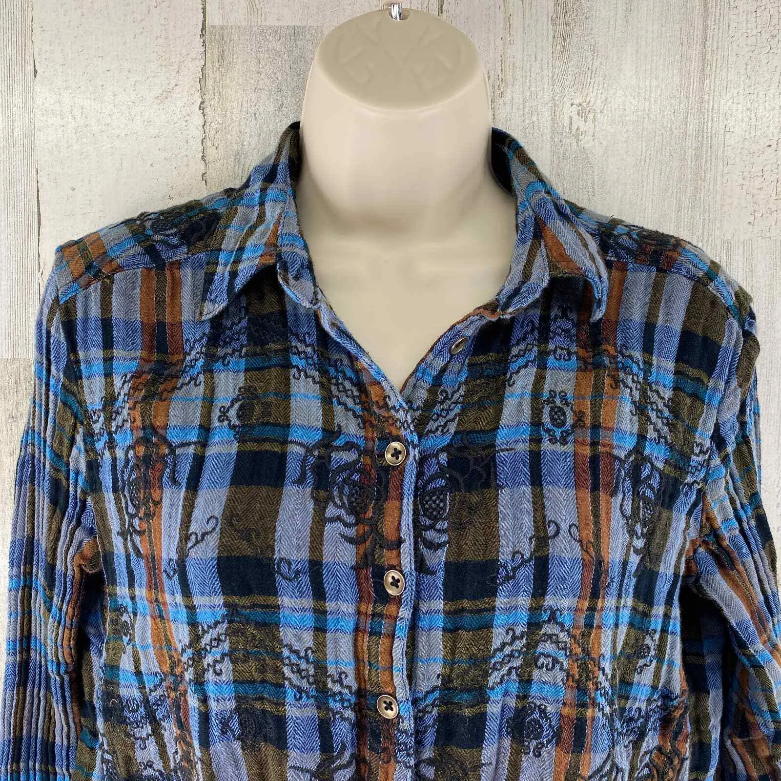 Free‎ People Flannel Shirt XS Blue Plaid Grunge Revival Western Dark Academia - Image 3