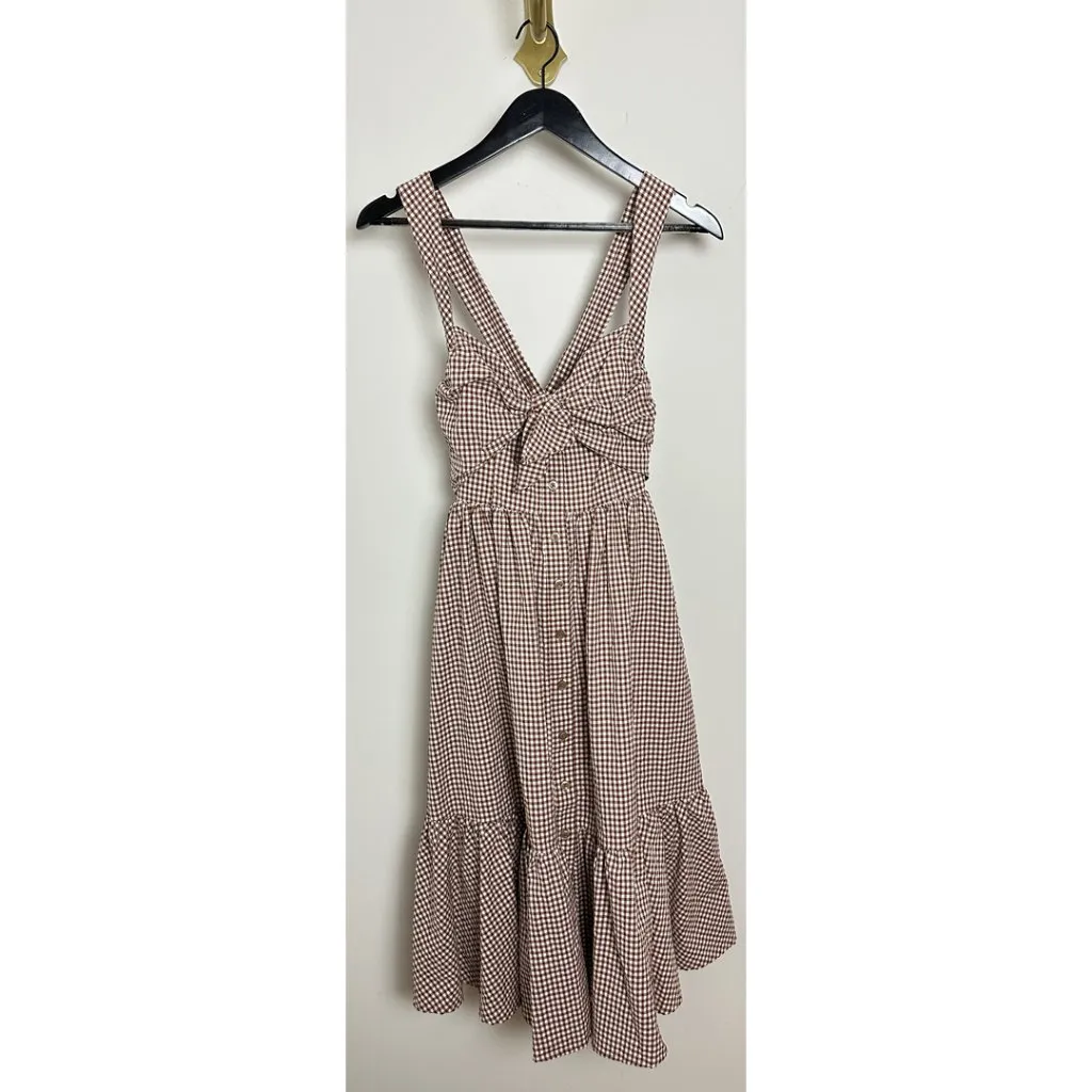 ANTHROPOLOGIE Maeve Halter Bow-Front Midi Dress in Brown Gingham Size X-Small - Image 4