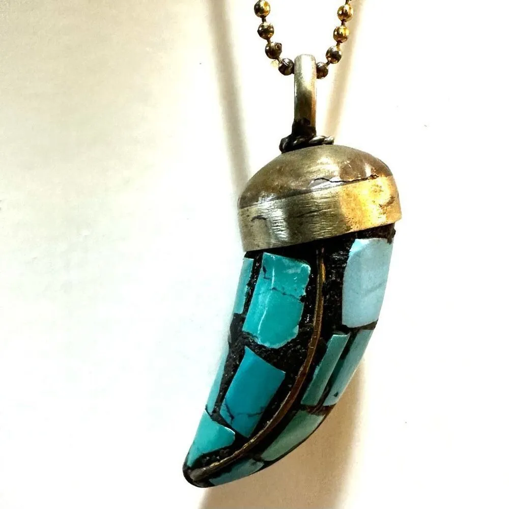 Tibetan brass mosaic Horn Pendant necklace Gold - Image 8