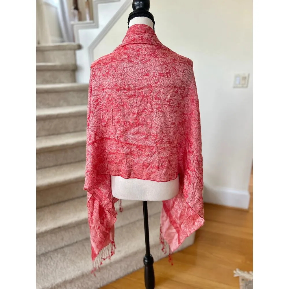 Red & White Paisley Fringe Pashmina Cashmere & Silk Scarf Shawl - Image 2