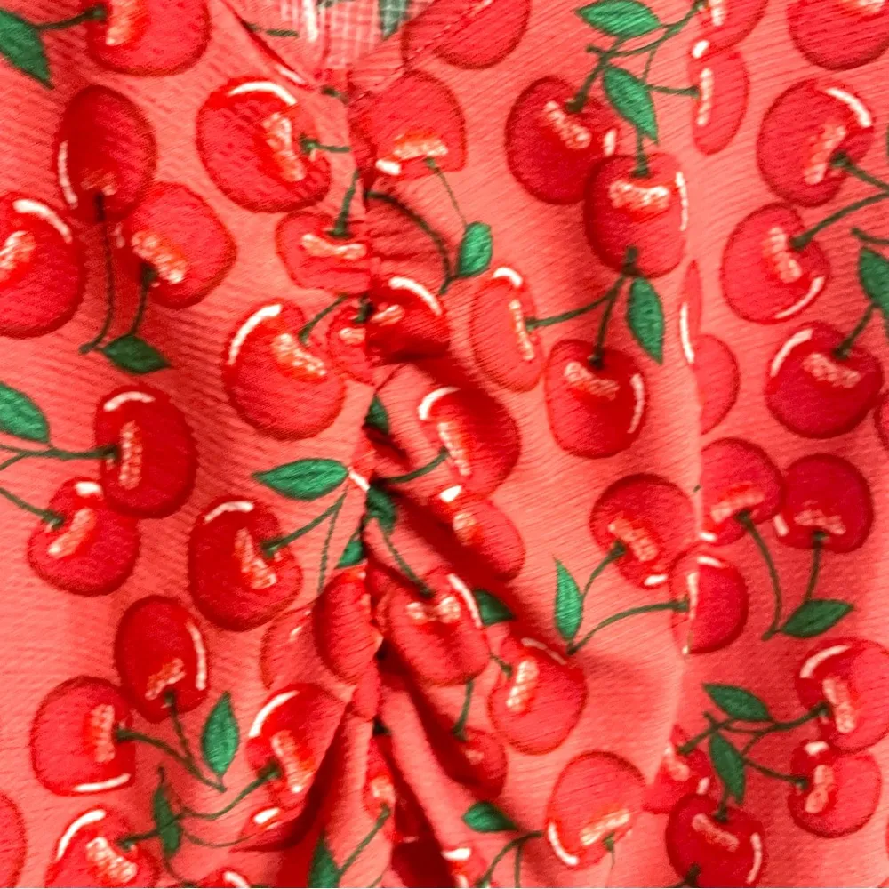 Cato Womens Shirt Blouse Red Pink Cherry Print Eyelet Sleeves Ruched Size 26/28 - Image 7