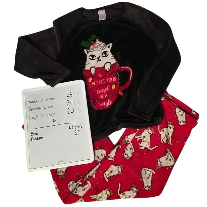 Hot Cocoa Kitty Jammies- Holiday Pajamas- "Don't Get‎ Your Tinsel in a Tangle" L - Image 2