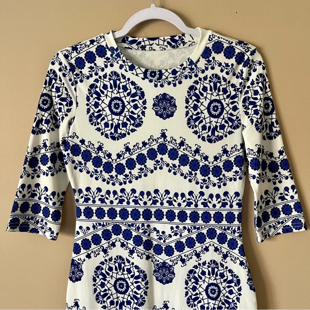 SHEIN | Porcelain Print 3/4 Sleeve Bodycon Midi Dress Sz M - Image 3