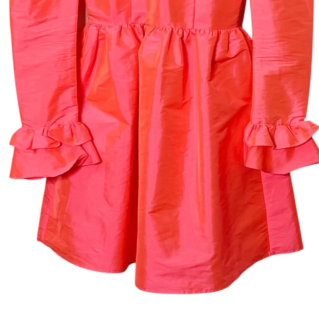 Batsheva Womens Ruffle Edge Taffeta Prairie Mini Dress Long Sleeve Neon Size 0 Pink - Image 5