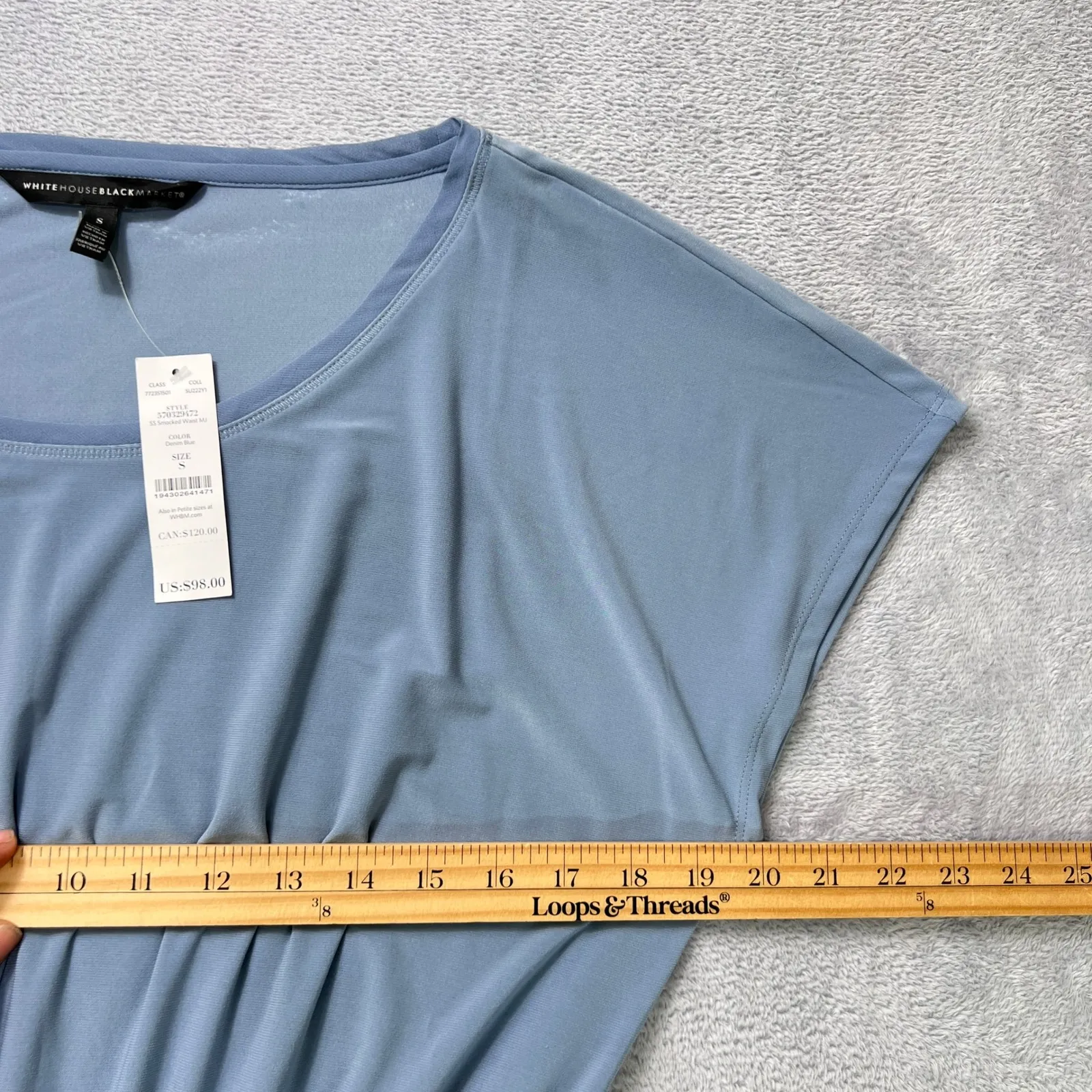 White House Black Market Light Blue Smocked Waist‎ Dress Small Cap Sleeves Midi - Image 7