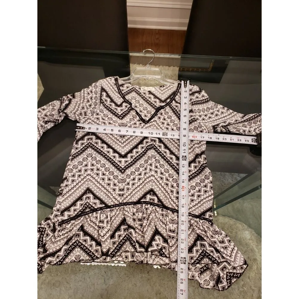 About A Girl Women's White Black Aztec Print Ruffle Long Sleeve Top Blouse Small - Image 12