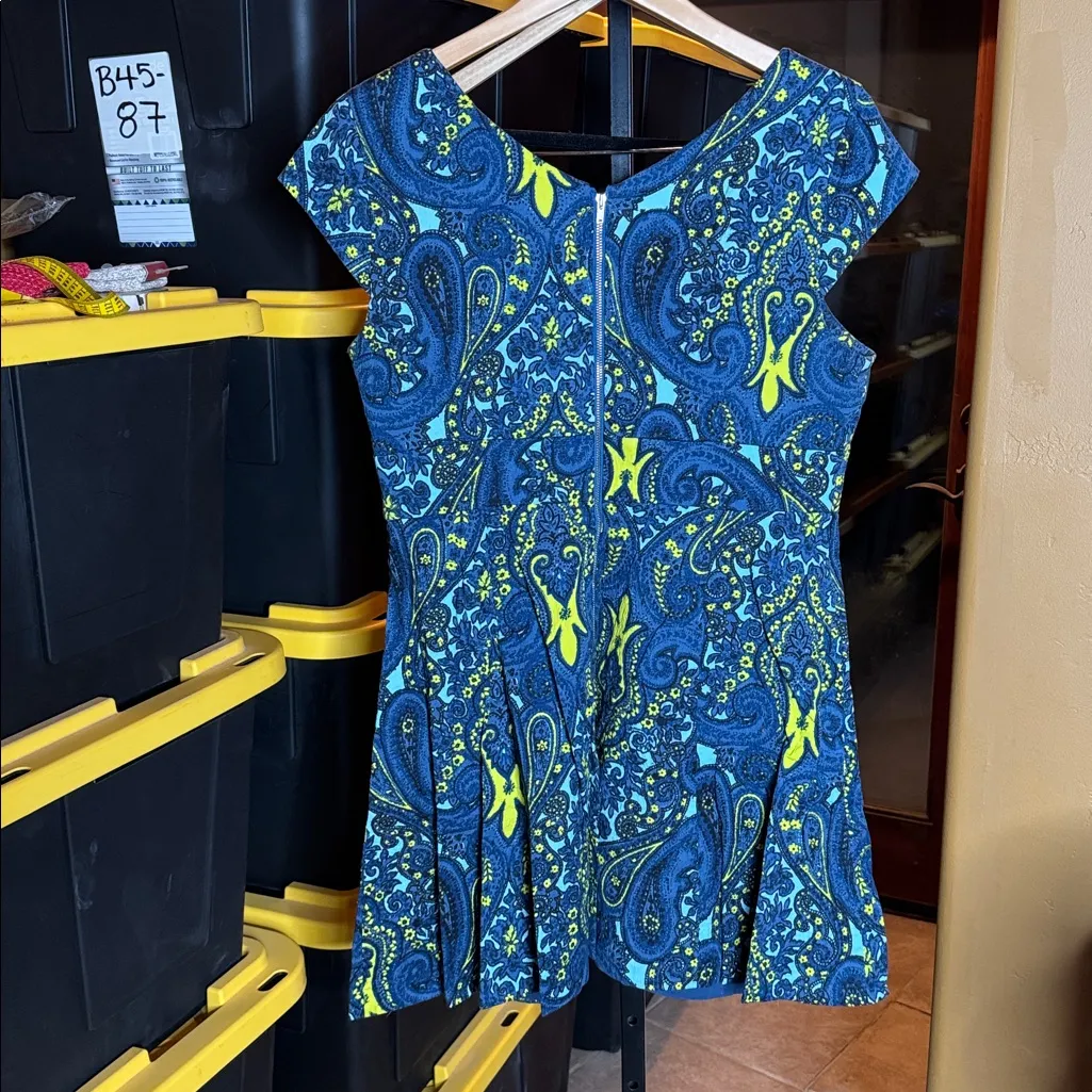 Plenty by Tracy Reese Fit & Flare Blue/Yellow Cap Sleeve Paisley Dress Size 14P - Image 10