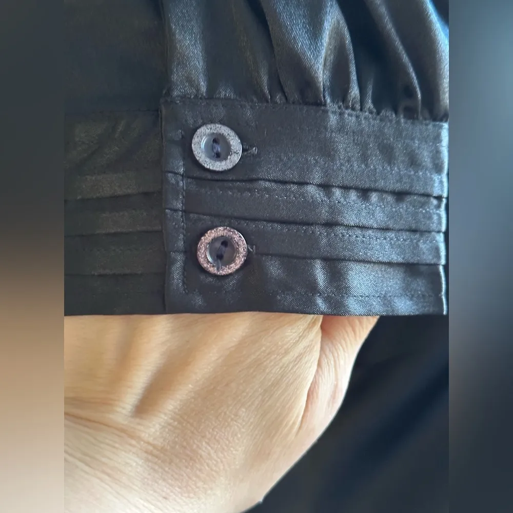 Color Style Black Satin short Striped Sleeves Metal Buttons V Neck Ruffles SZ XL - Image 9