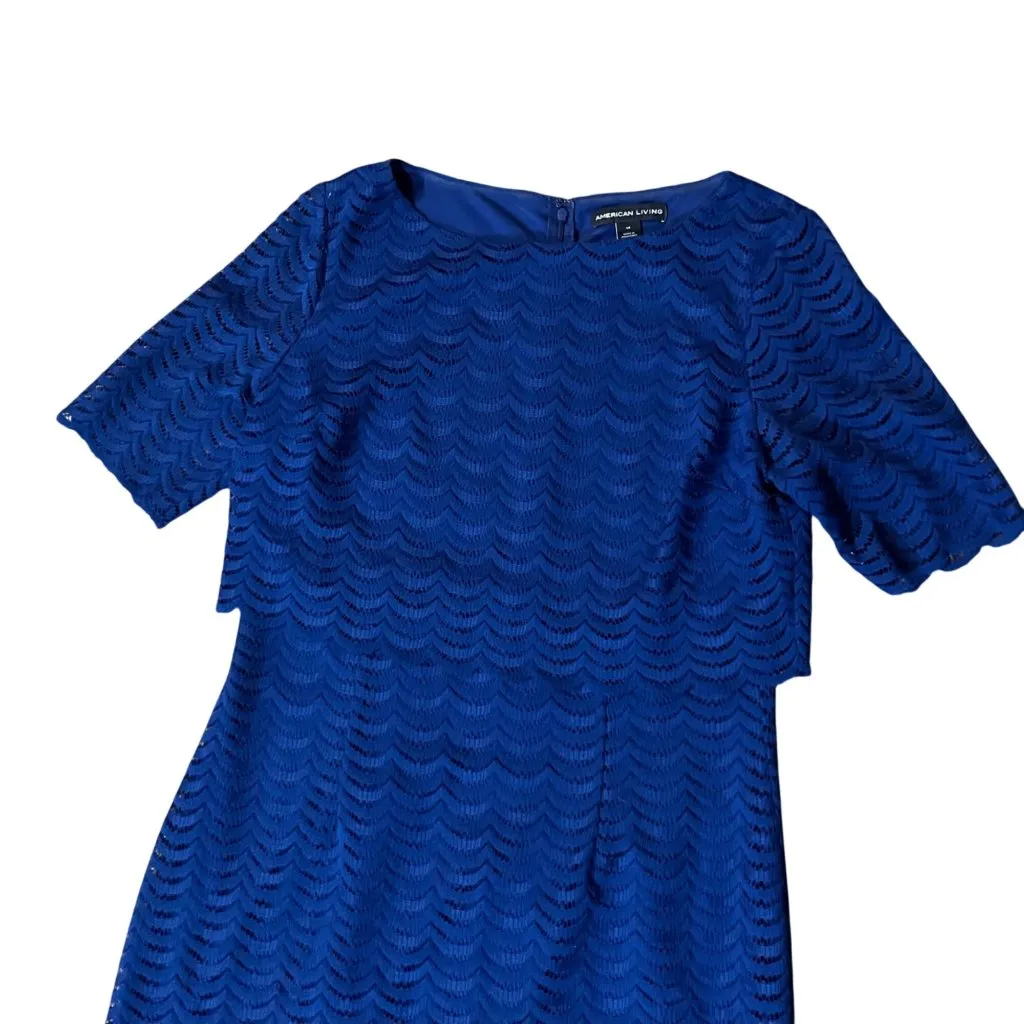 American Living Blue Lace Overlay Dress Women’s 14 Used Lined Short Sleeve - Image 14
