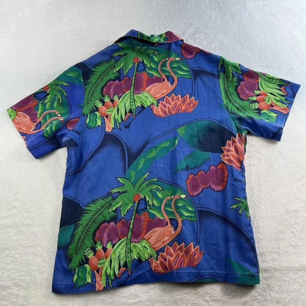 Vtg Sz 10 Florida Cheryl Tieg Shirt Blue Flamingo Palm Hawaiian 90s USA Resort - Image 9