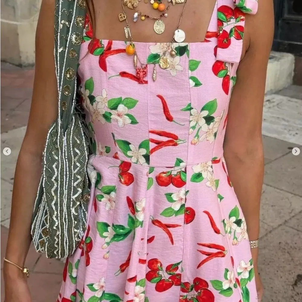 ZARA Cherry Print Tie Shoulder Mini Dress Womens Medium Pink Coquette Dainty Y2K - Image 2