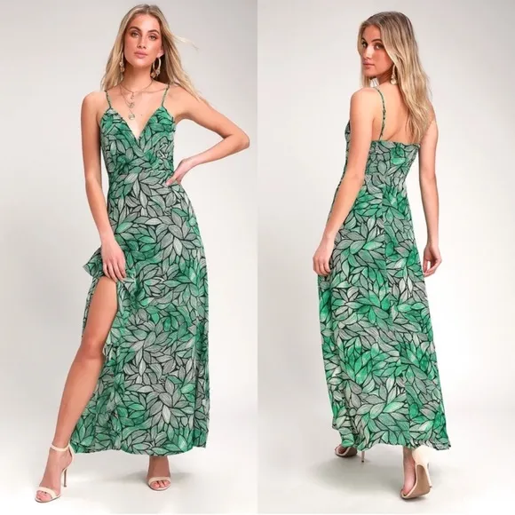 Lulu’s Green Black White Vacation Mood Leaf Print Ruffle High Slit Maxi Dress XL - Image 2