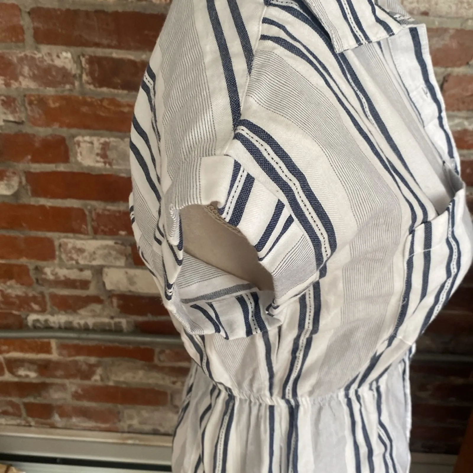 Japna White and Navy Blue Cinched Waist Short Sleeve Button Down Dress Size XS - Image 5