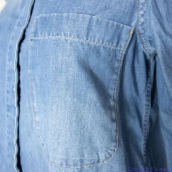 7 For All Mankind Women's Long Sleeve Cold‎ Shoulder Denim Shirt, size S - Image 16