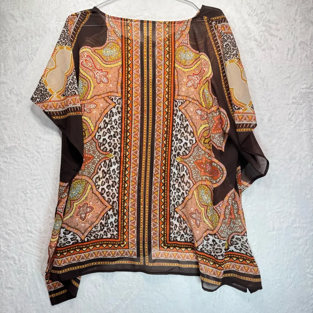 Chico’s Kimono Kaftan Poncho Flowy Semi Sheer Animal Print Earth Tone Tunic Boho - Image 2