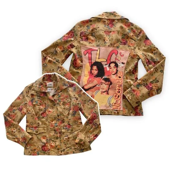 Via Penny Lane Reworked Apparel | TLC 90’s Graphic Custom Floral Jacket Small Tan - Image 2