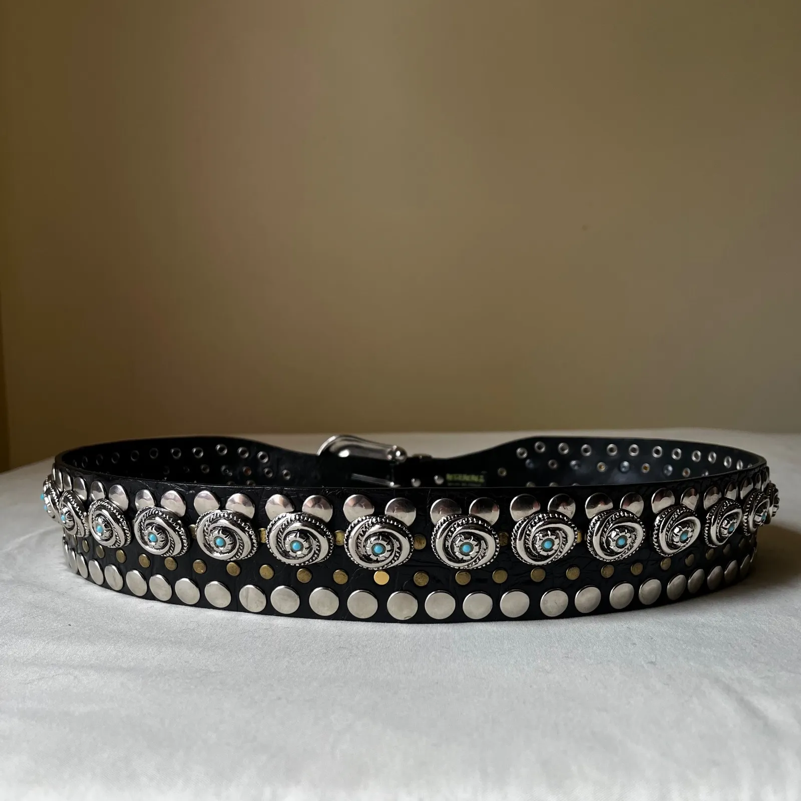 Vintage Nanni Italy Turquoise Concho Studded Leather Belt Black‎ Silver 95/38 Black - Image 4