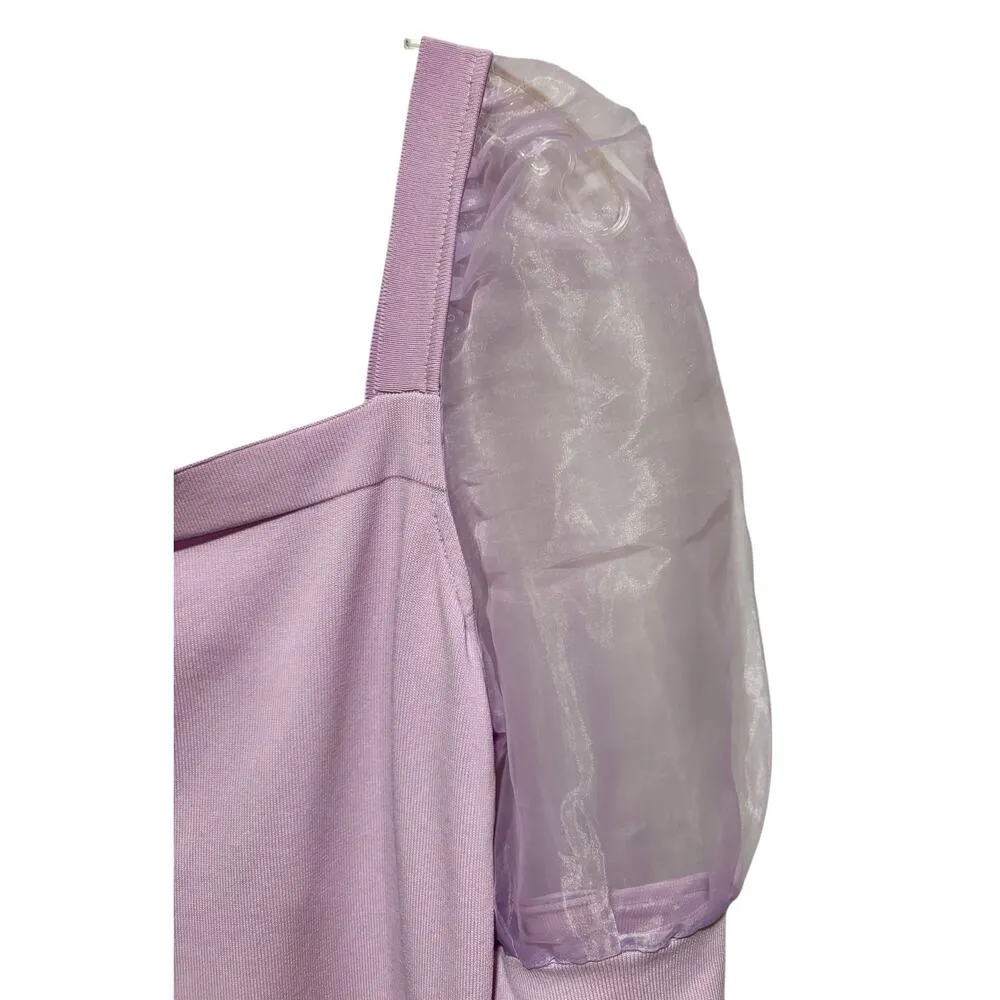La Cite Lavender Top Sheer Organza Sleeve Square Neck Stretch Sz L Purple Size L - Image 4