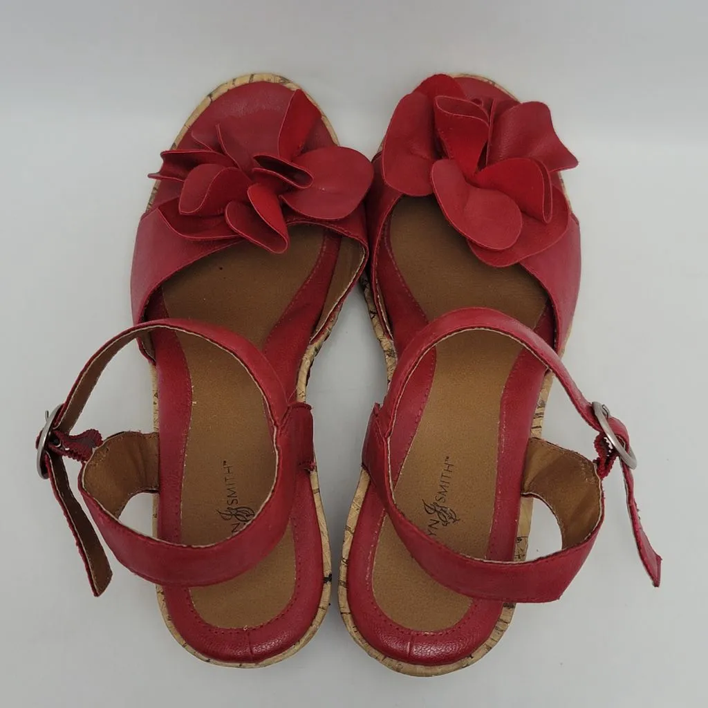 Women's Jaclyn Smith Red Faux Leather Flower Cork Wedge Sandals Size 7M - Image 4
