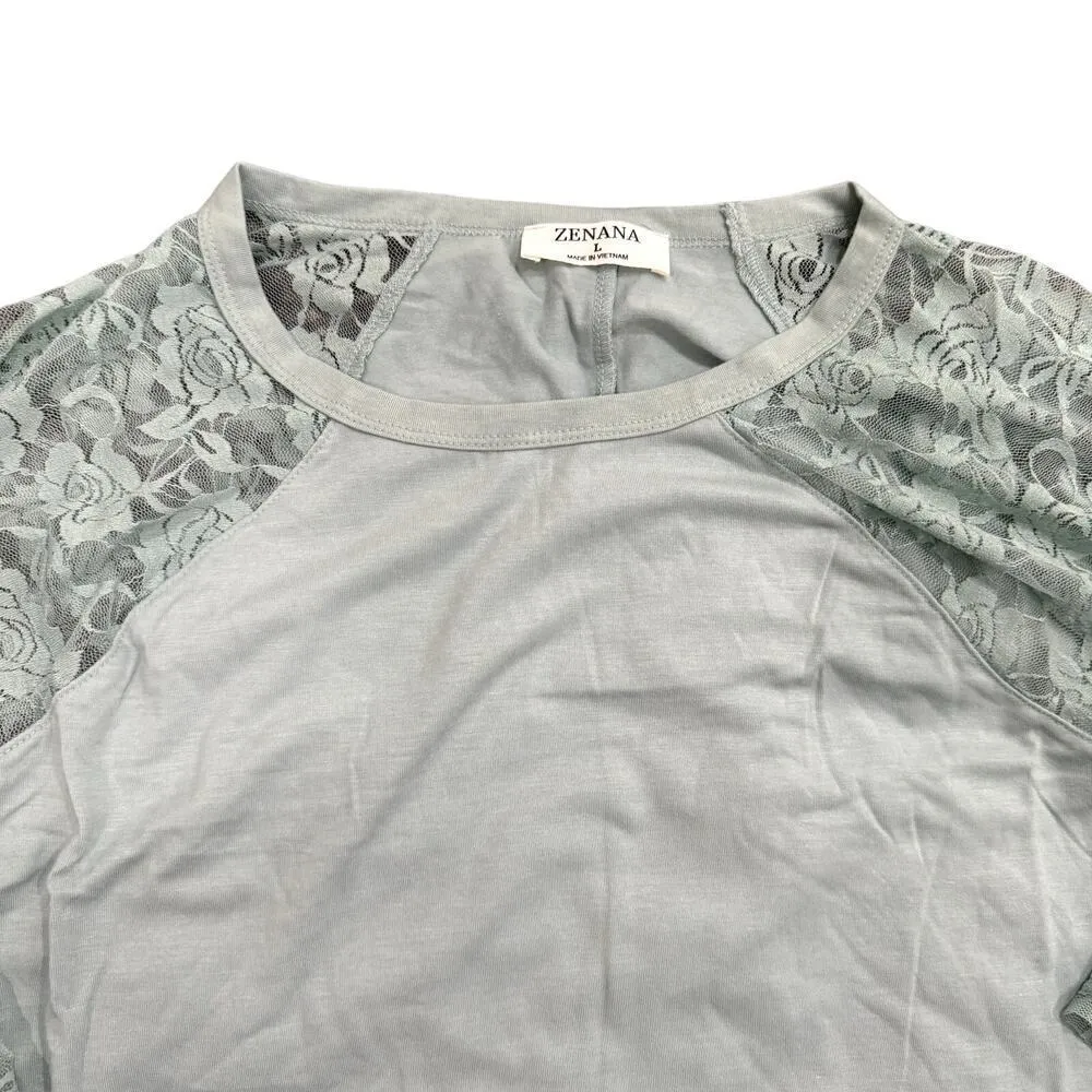 Zenana Long Sleeve Lace Sleeve Top in Blue, Size L​​​ - Image 2