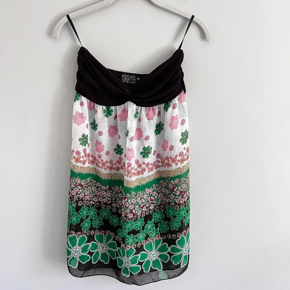 BROWN‎ STRAPLESS BANDEAU FLORAL SHEER FLOWY TOP Brown Size M - Image 2