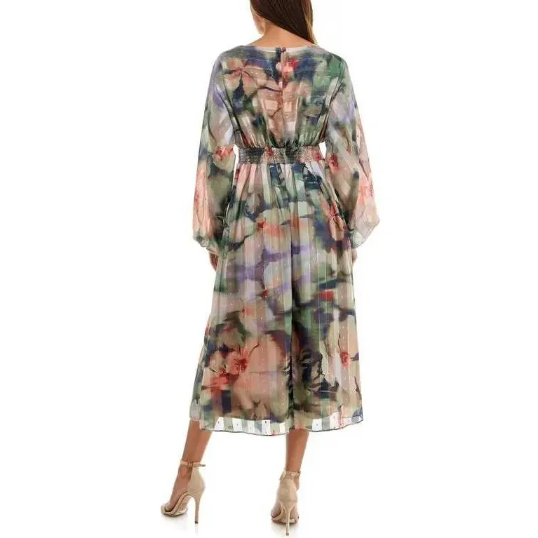 Socialite Mixed Floral Print Midi Dress Medium Dolman Slit Sheer Coktail Guest‎ - Image 3