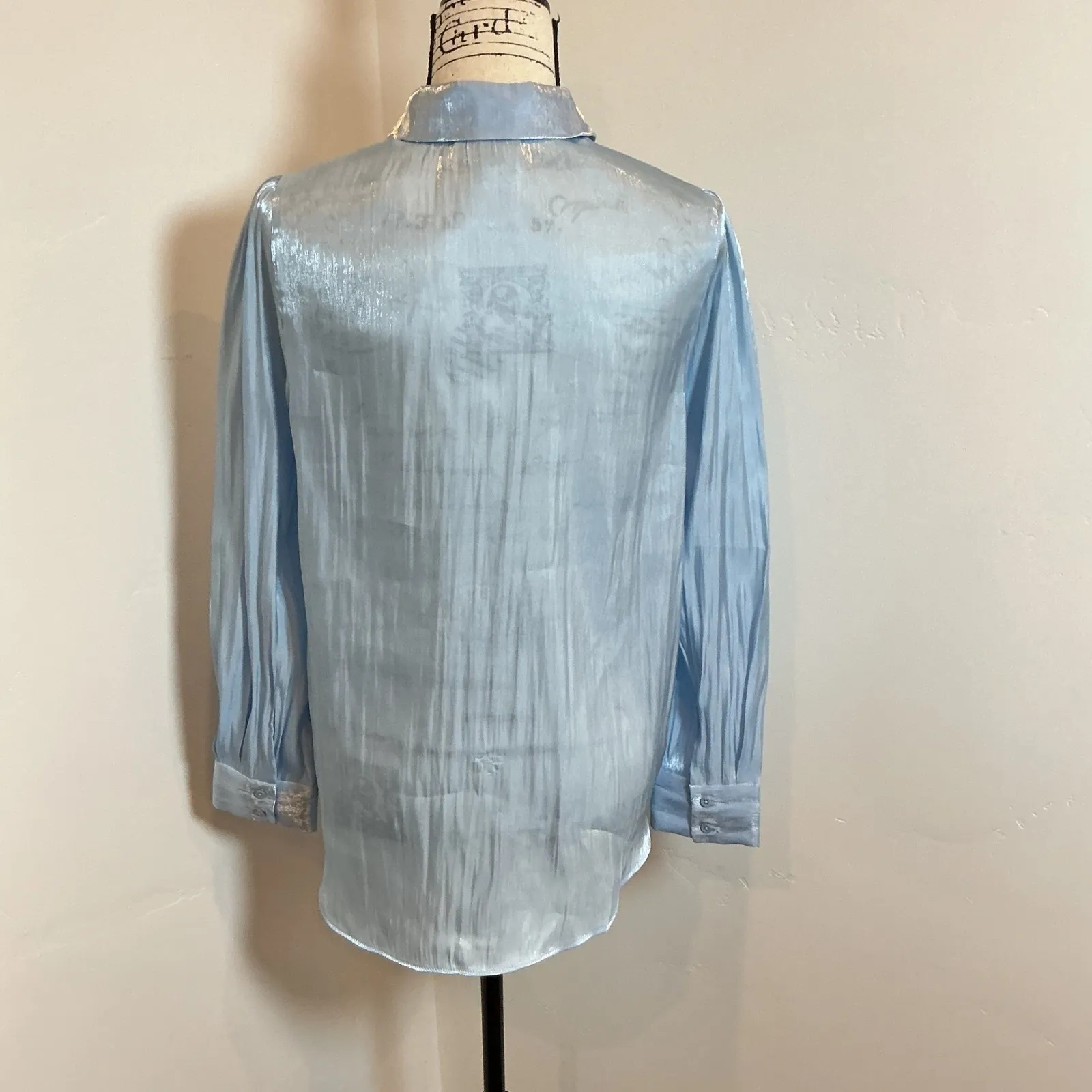 VICI Sheer Metallic Blue Puff Sleeve Button Up Shirt Top Size Small - Image 4