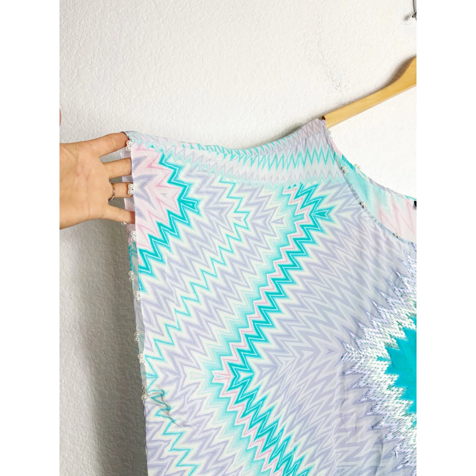 Hemant & Nandita Caftan Small 100% Silk Beach Coverup Blue Chevron Boho Beaded - Image 6