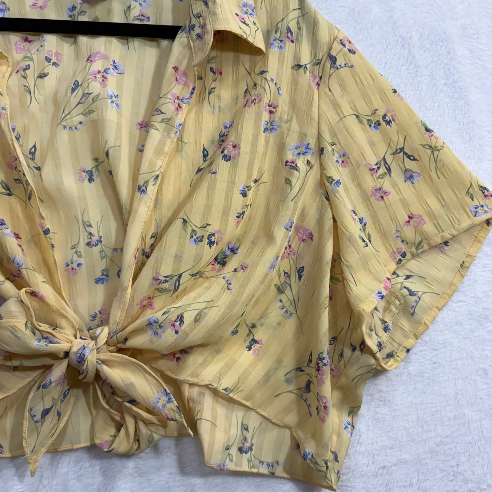 Vintage Fashion Bug 2X Yellow Floral Tie Front Crop Top Cottagecore Boho Retro - Image 2