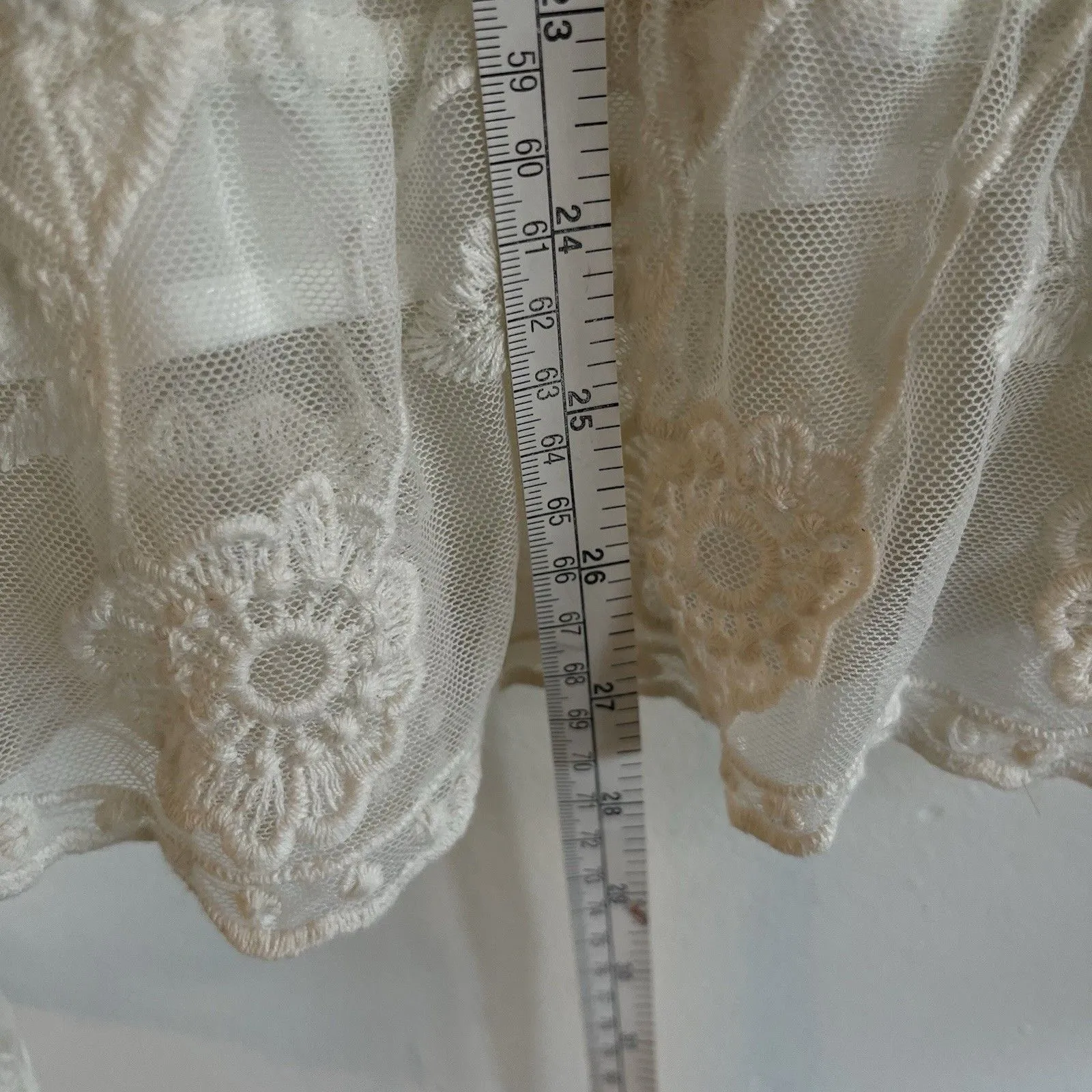 Catherine Malandrino Ivory Foral Mesh Ruffle Blouse Long Sleeve Peasant Sz XL - Image 7