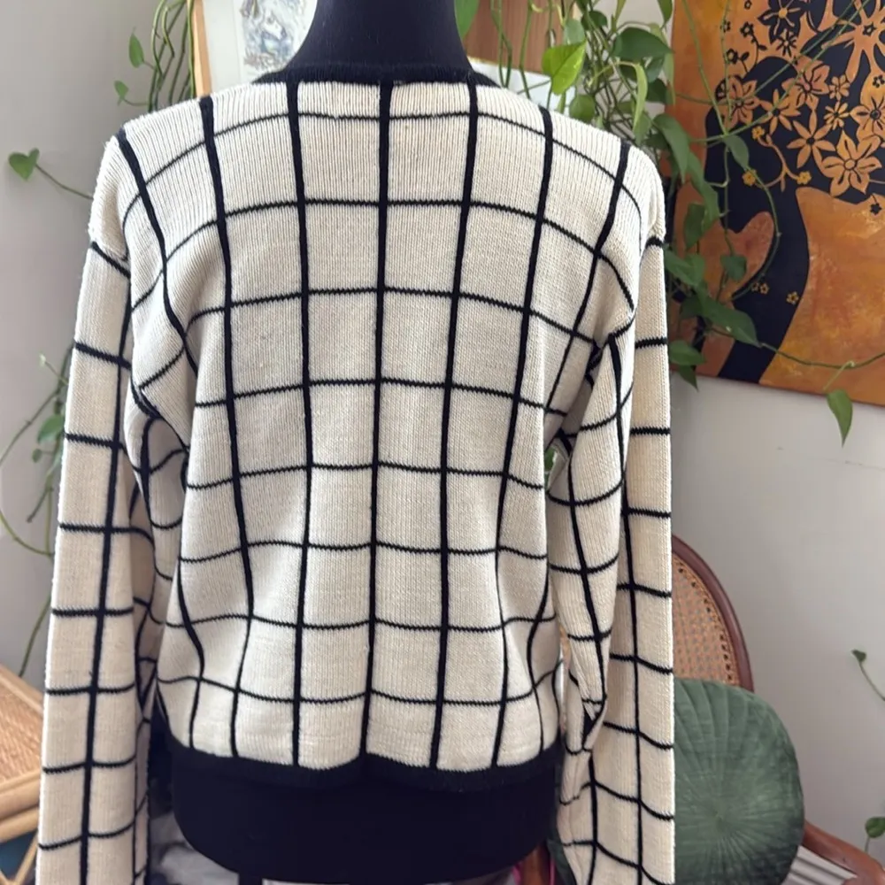 Vintage Breckenridge Petites Ivory & Black Windowpane Gold Button Lady Sweater - Image 2