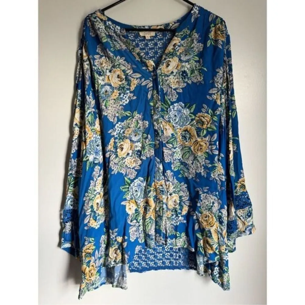 NEW ODDY blue floral crochet button front flowy tunic top sz 3X boho cottage lac - Image 5