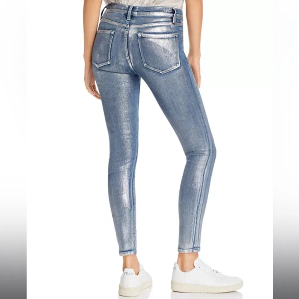 FRAME Le Skinny De Jeanne Metallic Jeans Canon Foil Blue Metallic Size 27 NEW - Image 6