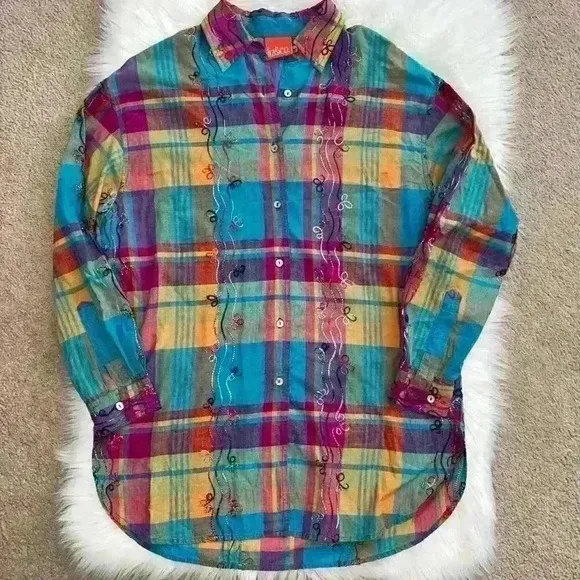 Liz & Co 90’s Rainbow Plaid Button Down with Wavy Floral Embroidery Small - Image 1