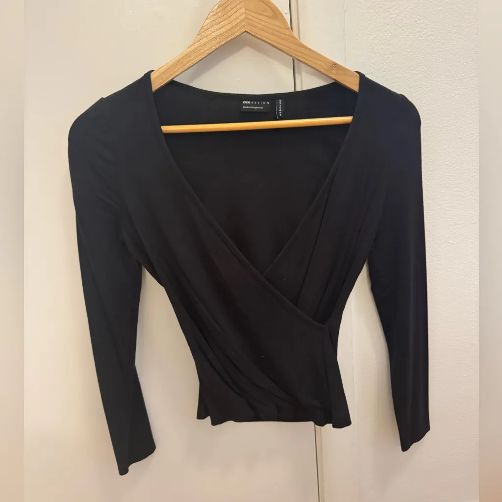 ASOS DESIGN long sleeve wrap top in black - Image 2