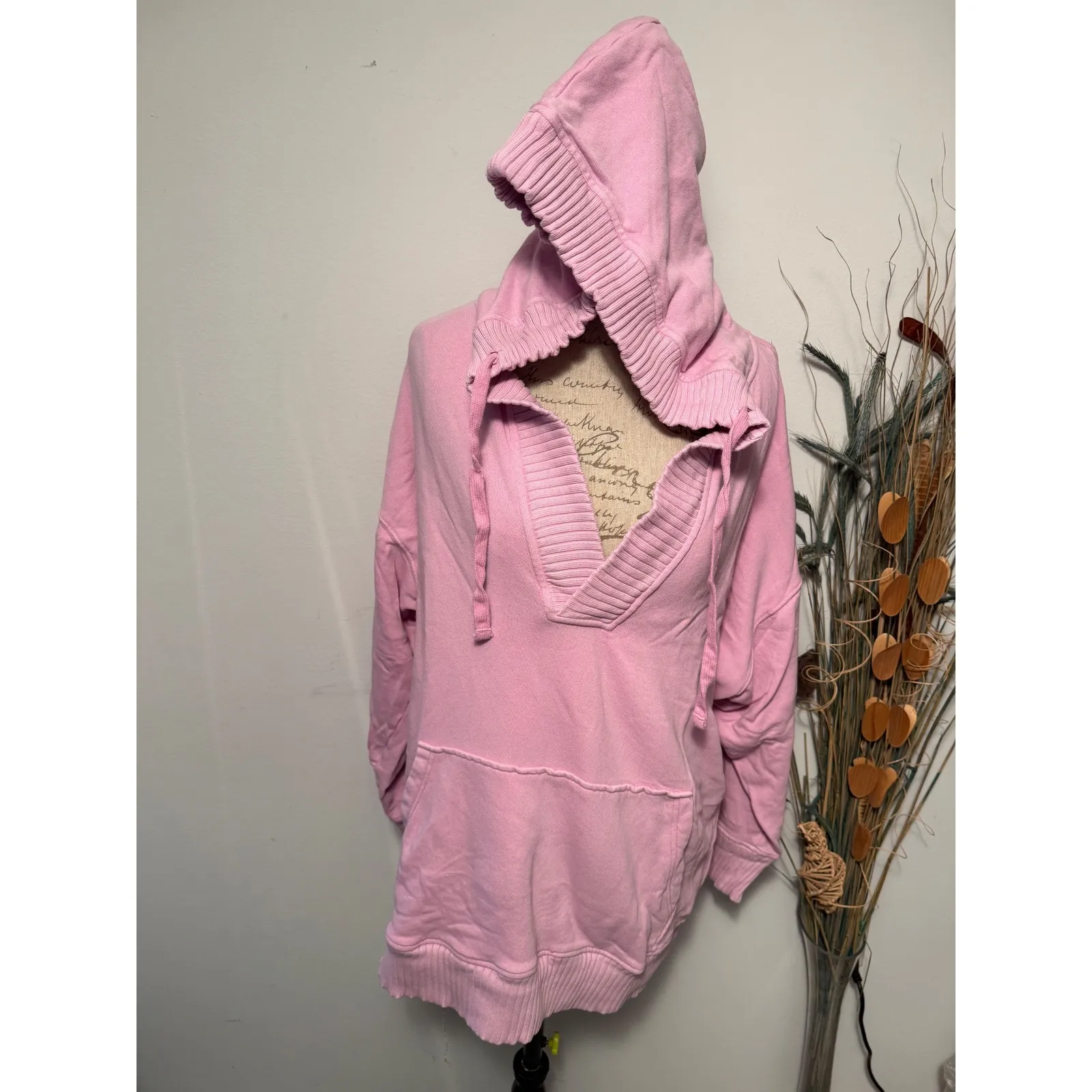 Aerie Pink V Neck Pullover Hoodie Oversized Pocket Kangaroo Size L - Image 2