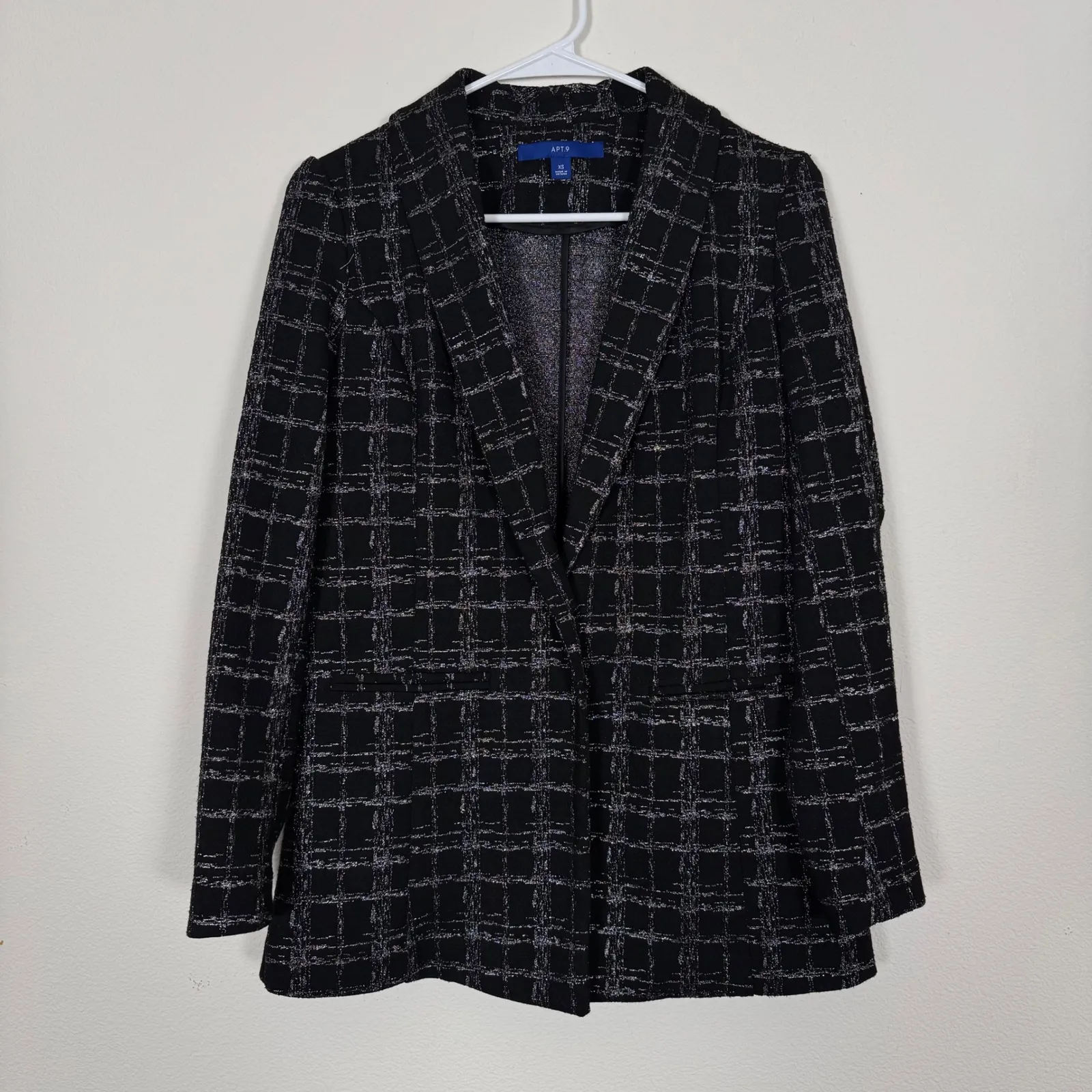 Black Silver Metallic Plaid Blazer Stretch XS Office Party Festive Holiday Glam - Image 2