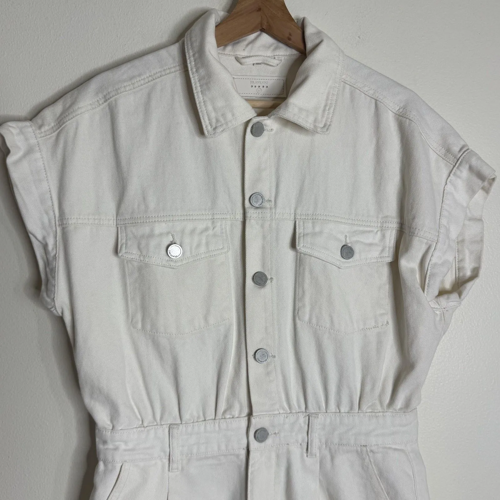 BLANKNYC Romper Womens Medium Off White Denim Short Sleeve Button Front Pockets - Image 2