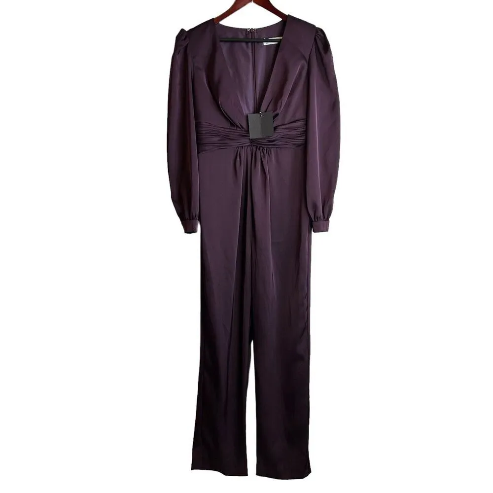 MAC DUGGAL IEENA Plunge V-Neck Long Sleeve Satin Jumpsuit in Plum Purple Size 8 - Image 2