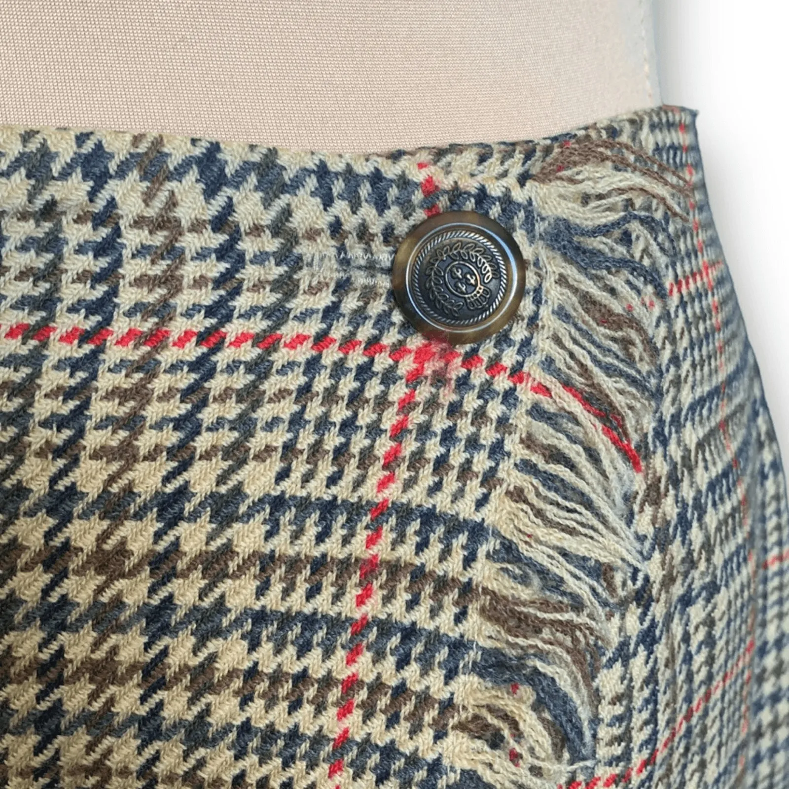 Vintage David Brooks Skirt Tan Houndstooth Plaid Fringe Detail Wool Wrap Maxi Size M - Image 5