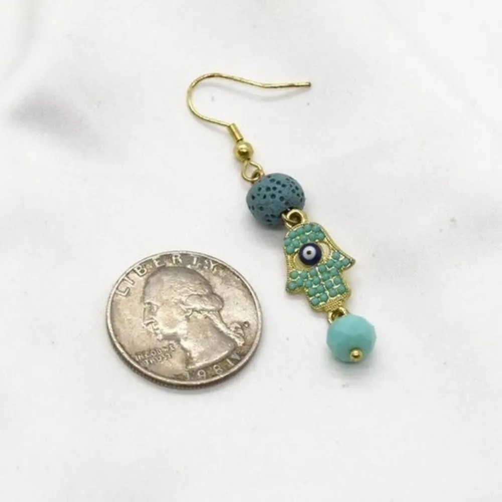 Teal Stone Hamsa Earrings Blue - Image 3