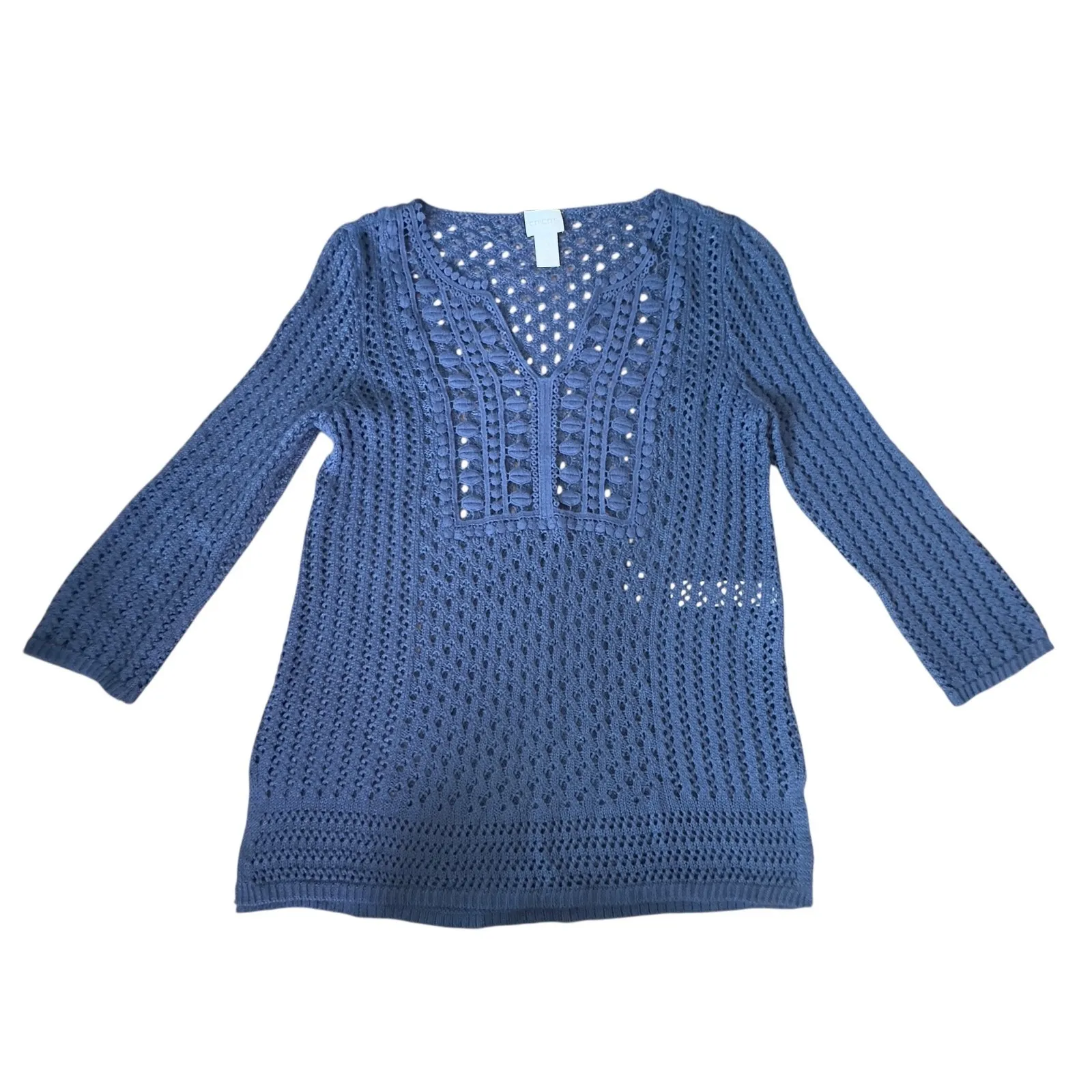 Chicos Blue Crochet Knit V-Neck 3/4 Sleeve Tunic Top Women's Size 0 - Image 3